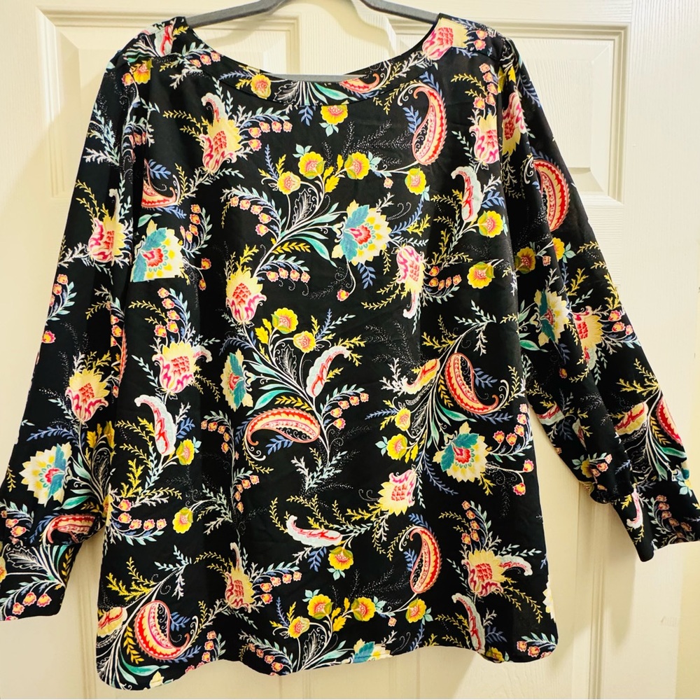 LOFT Plus Women’s Bold Black Bold Floral Boatneck Puff Shoulder Blouse 20 Plus